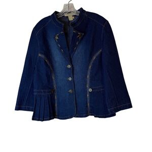 DENIM d GREE Women's Blue Denim Jacket Embellished Studded Pleated Collar Size L